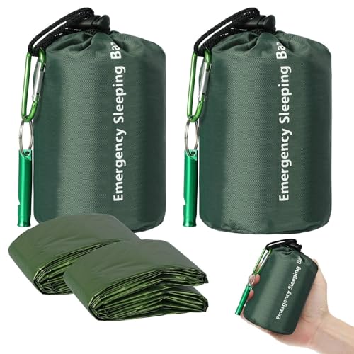 EEEKit Notfall Schlafsack, 2 Stück Notfallrucksack Rettungsdecke Überlebenssack, Wasserdicht Notfalldecken Überlebensausrüstung mit Pfeife für Wandern (Grün)