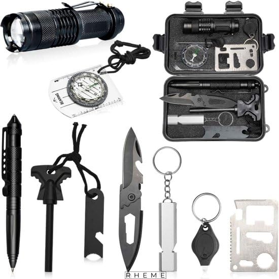 Rheme Survival Kit 10 in 1, Notfall Ausrüstung, Außen Notfall Set mit Kompass Taktische Taschenlampe und Weiterem Zubehör, für Camping, Bushcraft, Wandern, Jagde, Abenteuer, Schwarz