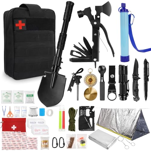 E EASTSTORM Notfall Ausrüstung Survival Kit mit Erste Hilfe Set,militär ausrüstung notfallset mit klappspaten wasserfilter Outdoor Multitool,Herren Geschenke für Moto