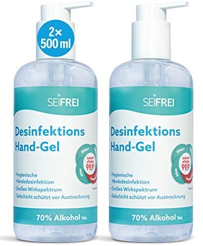 SEIFREI® - Desinfektions Hand-Gel 2 x 500ml mit Spenderpumpe | VAH gelistet | Desinfektionsmittel